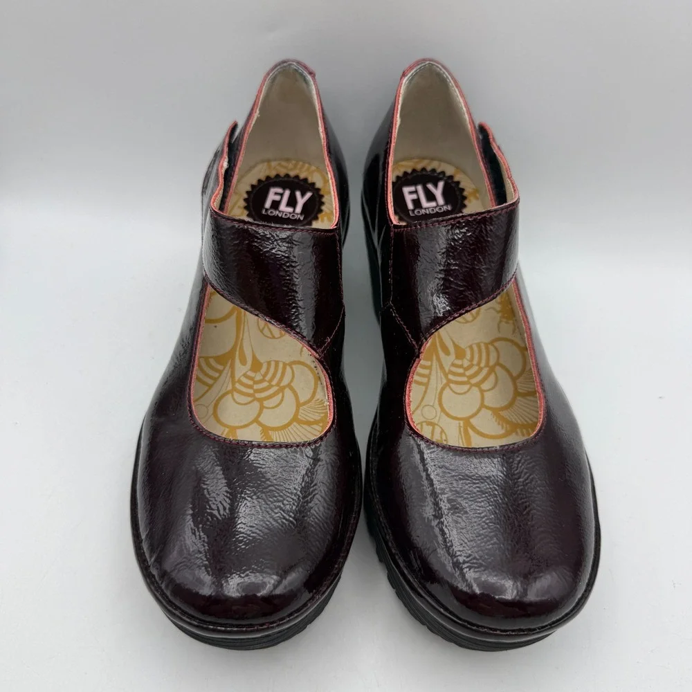 Fly London Wedge Pumps Women EU 37 US 6.5-7 Burgundy Patent Leather Mary Jane